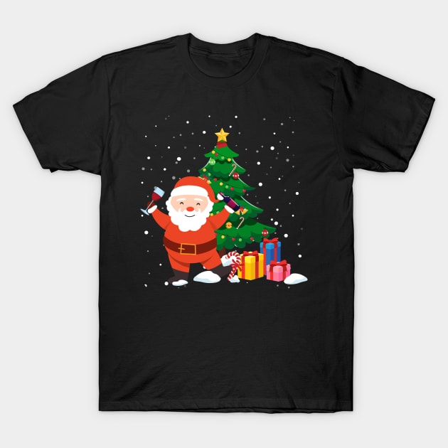 Funny Santa Drinking Wine Christmas Tree T-Shirt by maximel19722